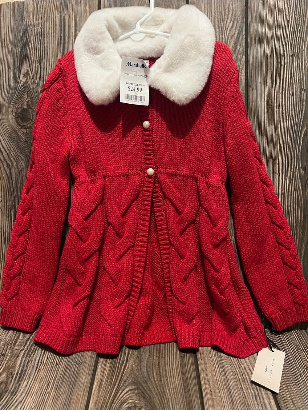 Max Studio Red Knit Sweater with White Faux Fur Collar